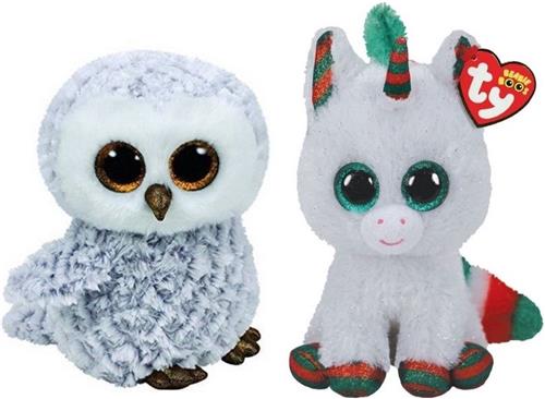 Ty - Knuffel - Beanie Boo's - Owlette Owl & Christmas Unicorn