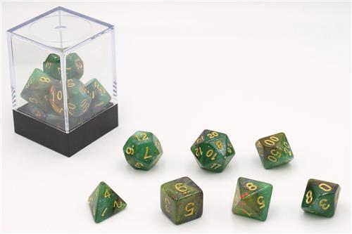 Dobbelstenen Stardust Groen/Amber 7set