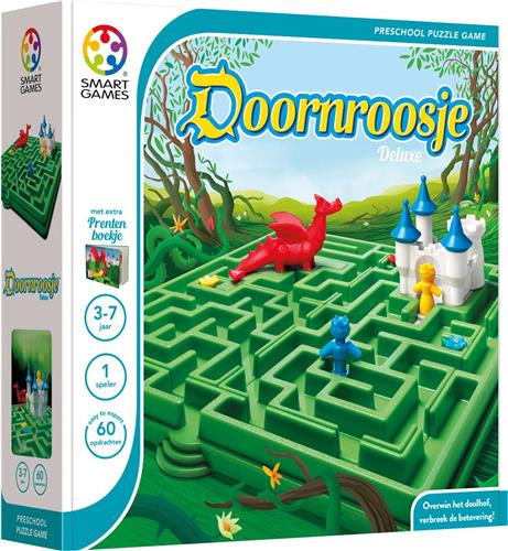 SmartGames - Doornroosje Deluxe - Sprookjesspel met 60 opdrachten - Doolhof met draak, ridder, prinses en kasteel - met extra sprookjesboek