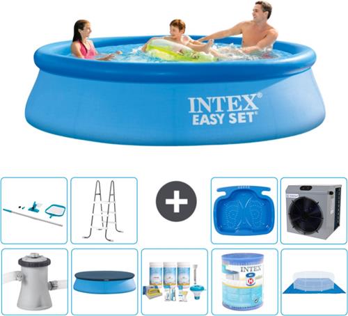 Intex Rond Opblaasbaar Easy Set Zwembad - 305 x 76 cm - Blauw - Inclusief Pomp Afdekzeil - Onderhoudspakket - Filter - Grondzeil - Schoonmaakset - Ladder - Voetenbad - Warmtepomp