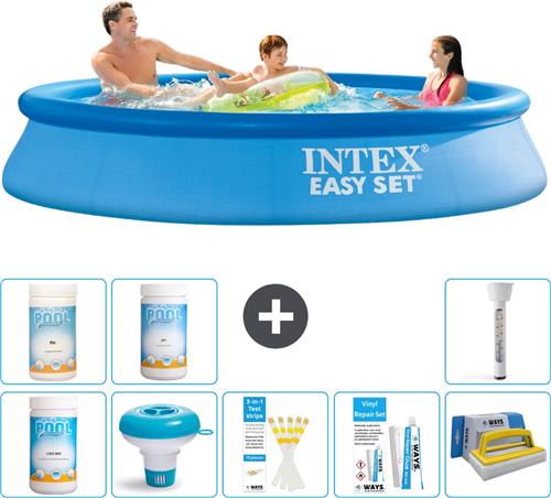 Intex Rond Opblaasbaar Easy Set Zwembad - 305 x 61 cm - Blauw - Inclusief Chloor - Chloordrijver - Testrips - Reparatiesetje - Scrubborstel - PH-waarde - PH-waarde - Thermometer