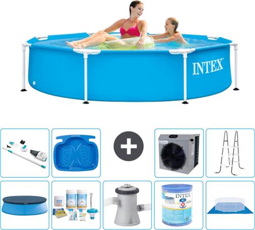 Intex Rond Frame Zwembad - 244 x 51 cm - Blauw - Inclusief Afdekzeil - Onderhoudspakket - Zwembadfilterpomp - Filter - Grondzeil - Stofzuiger - Ladder - Voetenbad - Warmtepomp