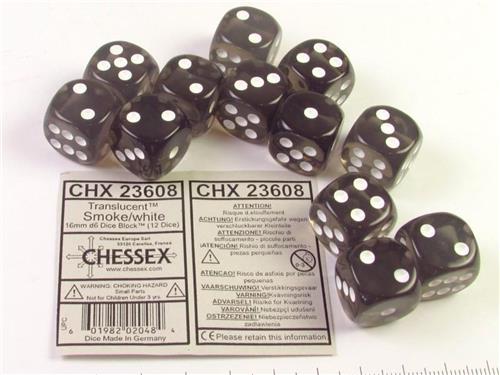 Chessex 12 x D6 Set Translucent 16mm - Smoke/White