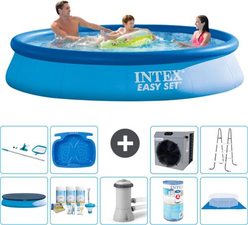 Intex Rond Opblaasbaar Easy Set Zwembad - 366 x 76 cm - Blauw - Inclusief Afdekzeil - Onderhoudspakket - Zwembadfilterpomp - Filter - Grondzeil - Schoonmaakset - Ladder - Voetenbad - Warmtepomp