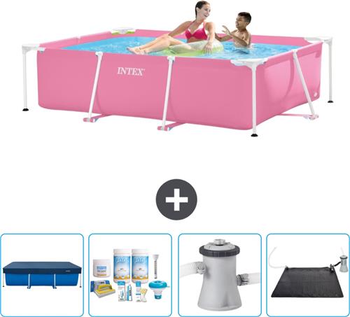 Intex Rechthoekig Frame Zwembad - 220 x 150 x 60 cm - Roze - Inclusief Afdekzeil - Onderhoudspakket - Zwembadfilterpomp - Solar Mat