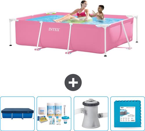 Intex Rechthoekig Frame Zwembad - 220 x 150 x 60 cm - Roze - Inclusief Afdekzeil - Onderhoudspakket - Zwembadfilterpomp - Vloertegels