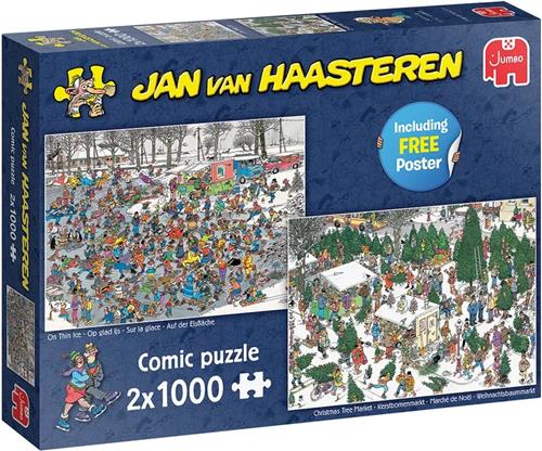 Jan van Haasteren  Op Glad IJs & Kerstbomenmarkt Kerst Puzzel 2x1000 Stukjes