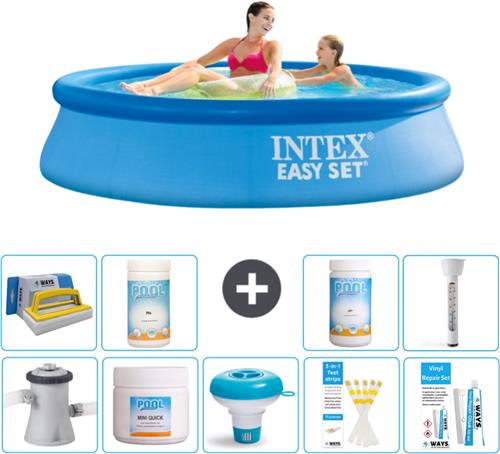 Intex Rond Opblaasbaar Easy Set Zwembad - 244 x 61 cm - Blauw - Inclusief Pomp Chloor - Chloordrijver - Testrips - Reparatiesetje - Scrubborstel - PH-waarde - PH-waarde - Thermometer