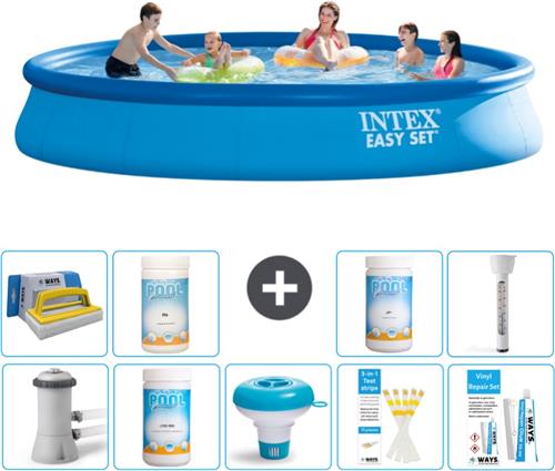 Intex Rond Opblaasbaar Easy Set Zwembad - 457 x 84 cm - Blauw - Inclusief Pomp Chloor - Chloordrijver - Testrips - Reparatiesetje - Scrubborstel - PH-waarde - PH-waarde - Thermometer