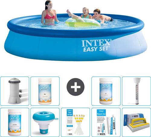 Intex Rond Opblaasbaar Easy Set Zwembad - 396 x 84 cm - Blauw - Inclusief Pomp Chloor - Chloordrijver - Testrips - Reparatiesetje - Scrubborstel - PH-waarde - PH-waarde - Thermometer