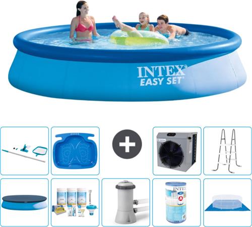 Intex Rond Opblaasbaar Easy Set Zwembad - 396 x 84 cm - Blauw - Inclusief Afdekzeil - Onderhoudspakket - Zwembadfilterpomp - Filter - Grondzeil - Schoonmaakset - Ladder - Voetenbad - Warmtepomp