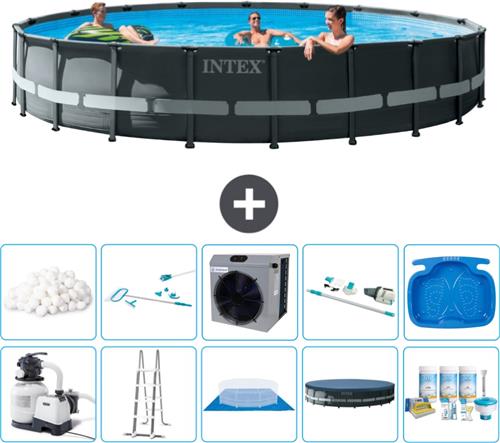 Intex Rond Ultra XTR Frame Zwembad - 610 x 122 cm - Inclusief Pomp - Ladder - Grondzeil - Afdekzeil Onderhoudspakket - Filterbollen - Schoonmaakset - Stofzuiger - Voetenbad - Warmtepomp