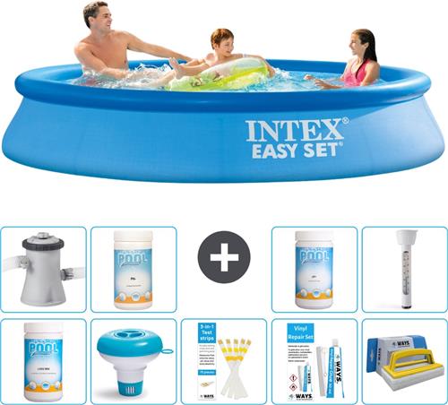 Intex Rond Opblaasbaar Easy Set Zwembad - 305 x 61 cm - Blauw - Inclusief Pomp Chloor - Chloordrijver - Testrips - Reparatiesetje - Scrubborstel - PH-waarde - PH-waarde - Thermometer