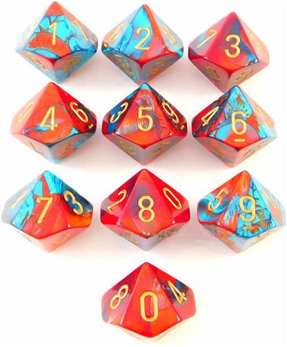 Chessex 10 x D10 Set Gemini - Red-Teal/Gold