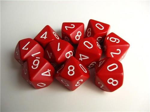 Chessex Opaque Red/white D10 Dobbelsteen Set (10 stuks)