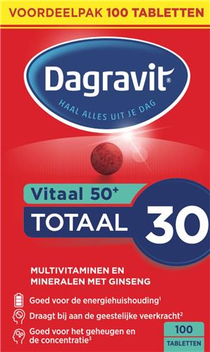 Dagravit Totaal 30 Vitaal 50+ Multivitaminen voordeelverpakking - Vitamine B1, B2, B3, B5, B6, B12 en koper dragen bij aan een goede energiehuishouding - 100 tabletten