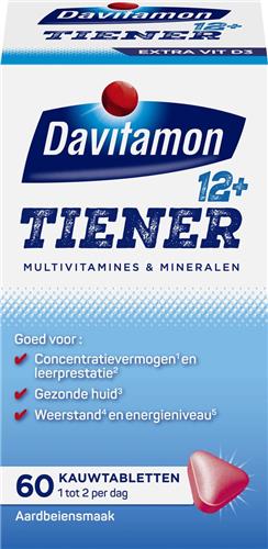 Davitamon Multi Boost 12+ Kauwvitamines - multivitaminen kinderen – aardbei smaak - 60 kauwtabletten