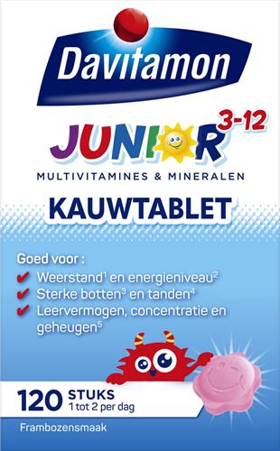 Davitamon Junior 3+ kauwvitamines - multivitamine kinderen - framboos - 120 stuks