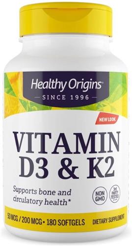 VITAMIN D3 & K2, 50MCG/200MCG, 180 SOFTGELS, HEALTHY ORIGINS