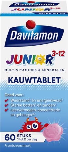 Davitamon Junior 3+ kauwvitamines - multivitamine kinderen - framboos - 60 tabletten