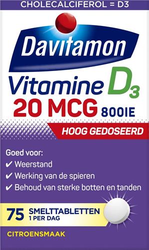 2x Davitamon Vitamine D3 20MCG Hoog Gedoseerd 75 smelttabletten