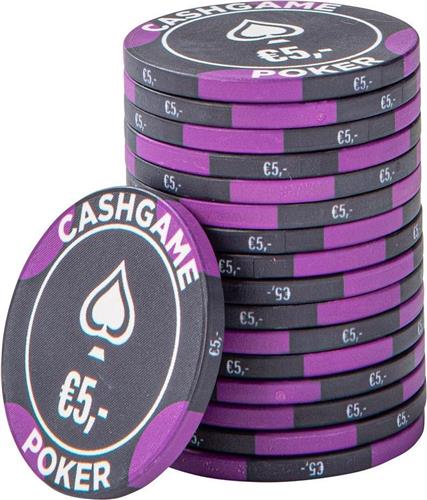 Keramische Cashgame chip 5,- Zwart/Paars (25 stuks)