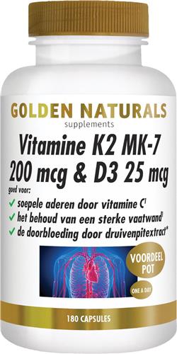 Golden Naturals Vitamine K2 MK-7 200 mcg & D3 25 mcg (180 vegetarische capsules)