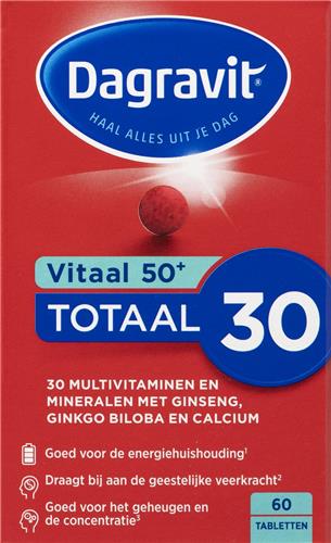 Dagravit Totaal 30 Vitaal 50+ Multivitaminen - Vitamine B1, B2, B3, B5, B6, B12 en het mineraal koper dragen bij aan een goede energiehuishouding - 60 tabletten