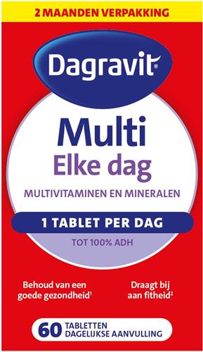 Dagravit Multi Elke Dag - Multivitaminen en mineralen - Behoud van een goede gezondheid (1) - Draagt bij aan fitheid (2) - 1 tablet per dag - 60 tabletten