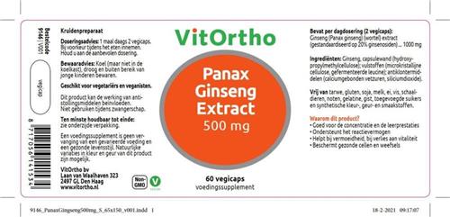 Vitortho Panax Ginseng Extract 500 mg 60 vegacapsules