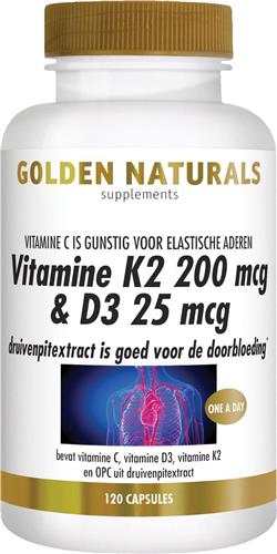 Golden Naturals Vitamine K2 MK-7 200 mcg & D3 25 mcg (120 vegetarische capsules)