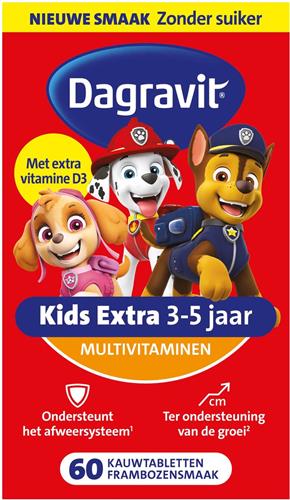 Dagravit Kids Extra 3-5 jaar Multivitaminen - Paw Patrol - Ondersteunt het afweersysteem (1) - Ter ondersteuning van de groei (2) - Frambozensmaak - Suikervrij - 60 kauwtabletten