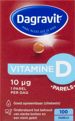 Dagravit Vitamine D 10µg parels - Ondersteunt het behoud van sterke botten en een sterk gebit - Goed opneembaar door de oliebasis - 100 parels