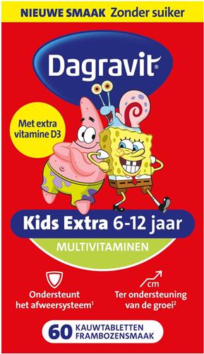 Dagravit Kids Extra 6-12 jaar Multivitaminen - SpongeBob - Ondersteunt het afweersysteem (1) - Ter ondersteuning van de groei (2) - Frambozensmaak - Suikervrij - 60 kauwtabletten