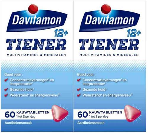 2x Davitamon Tiener 12+ Aardbei 60 kauwtabletten