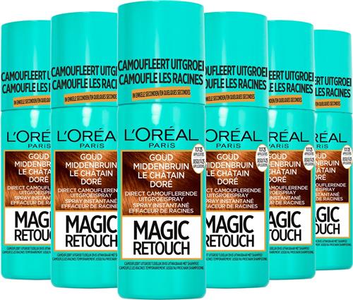 L'Oréal Paris Magic Retouch Goud Middenbruin Camouflerende Uitgroeispray Voordeelverpakking - 6 x 75ml