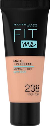 Maybelline New York - Fit Me Matte + Poreless Foundation - 238 Rich Tan - Medium Dekkende Foundation met Matte Finish voor de Normale tot Vette Huid - 30 ml