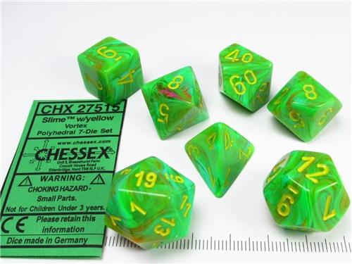 Chessex dobbelstenen set, 7 polydice, Vortex Slime w/yellow