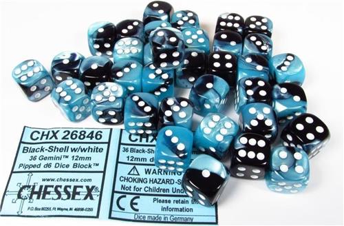 Chessex Gemini Black-Shell/white D6 12mm Dobbelsteen Set (36 stuks)