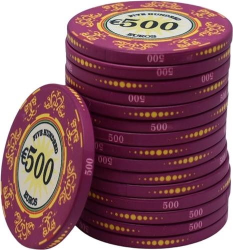 Macau deluxe keramische cashgame poker chips 500,- paars (25 stuks) - pokerchips - pokerfiches - poker fiches - keramisch - pokerspel - pokerset - poker set