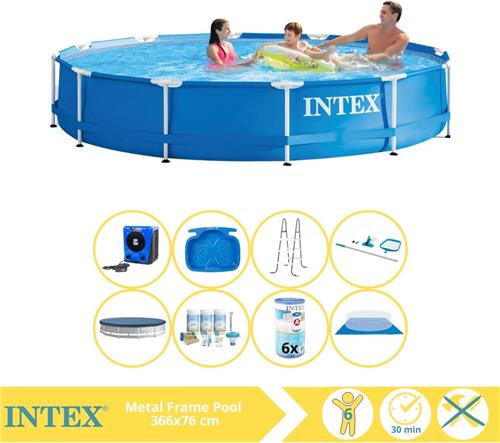 Intex Metal Frame Zwembad - Opzetzwembad - 366x76 cm - Inclusief Afdekzeil, Onderhoudspakket, Filter, Grondzeil, Onderhoudsset, Trap, Voetenbad en Warmtepomp HS