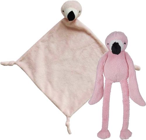 Pluche dieren setje Roze flamingo knuffel van 33 cm en tutteldoekje 40 cm