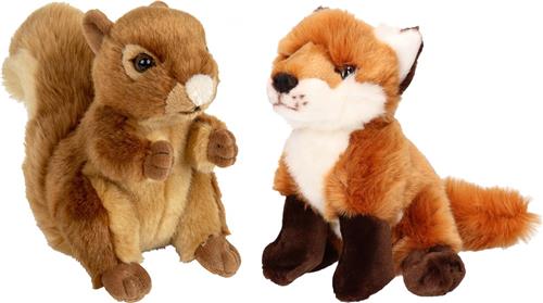 Nature Planet - Bosdieren pluche knuffels - 2x stuks - Eekhoorn en Vos - 18 cm