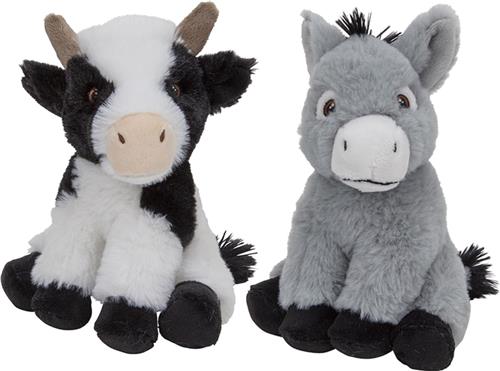 Pluche boerderijdieren knuffels Koe en Ezel setje van 19 cm en 16 cm