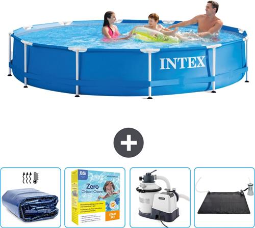 Intex Rond Frame Zwembad - 366 x 76 cm - Blauw - Inclusief Solarzeil - Onderhoudspakket - Zwembadfilterpomp - Solar Mat