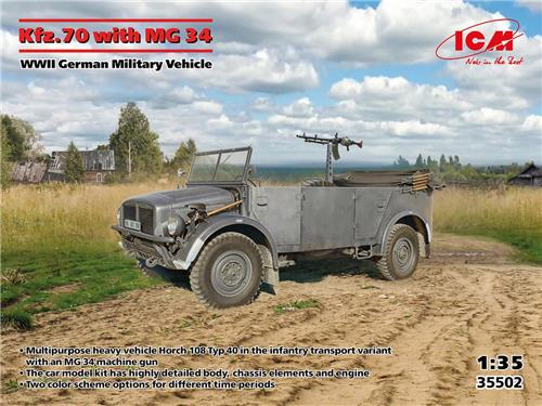 1:35 ICM 35502 Kfz.70 met MG 34 - Duits Militair Voertuig WWII Plastic Modelbouwpakket