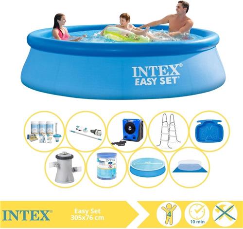 Intex Easy Set Zwembad - Opblaaszwembad - 305x76 cm - Inclusief Solarzeil, Onderhoudspakket, Zwembadpomp, Filter, Grondzeil, Stofzuiger, Trap, Voetenbad en Warmtepomp HS