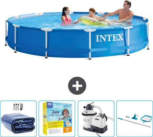 Intex Rond Frame Zwembad - 366 x 76 cm - Blauw - Inclusief Solarzeil - Onderhoudspakket - Zwembadfilterpomp - Schoonmaakset