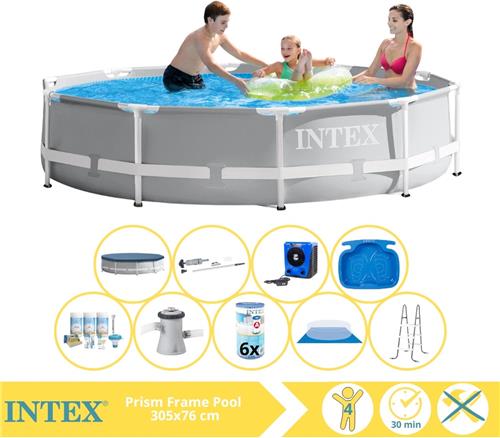 Intex Prism Frame Zwembad - Opzetzwembad - 305x76 cm - Inclusief Solarzeil, Onderhoudspakket, Zwembadpomp, Filter, Grondzeil, Stofzuiger, Trap, Voetenbad en Warmtepomp HS