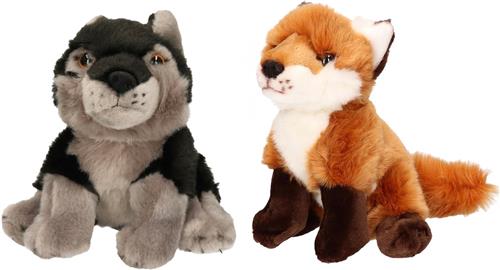 Nature Planet - Pluche bos knuffels - set 2x - Wolf en Vos - 18 cm